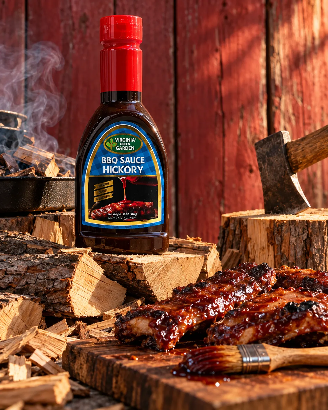 Virginia Green Garden hickory BBQ sauce beside grilled ribs