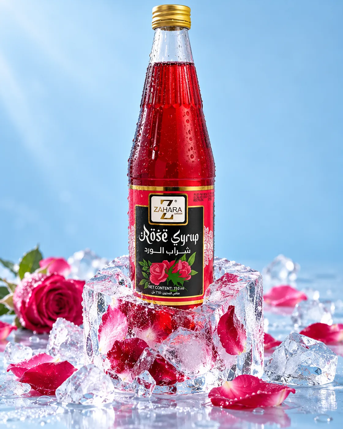 Zahara rose syrup on ice with rose petals