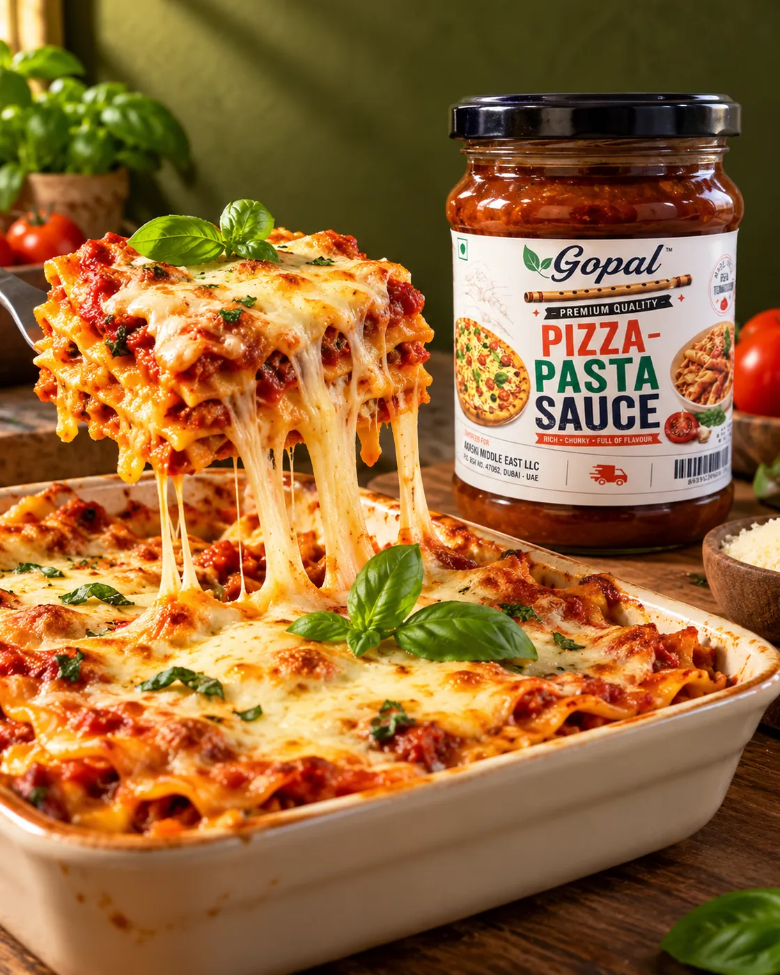 Gopal pizza-pasta sauce beside a baked lasagne