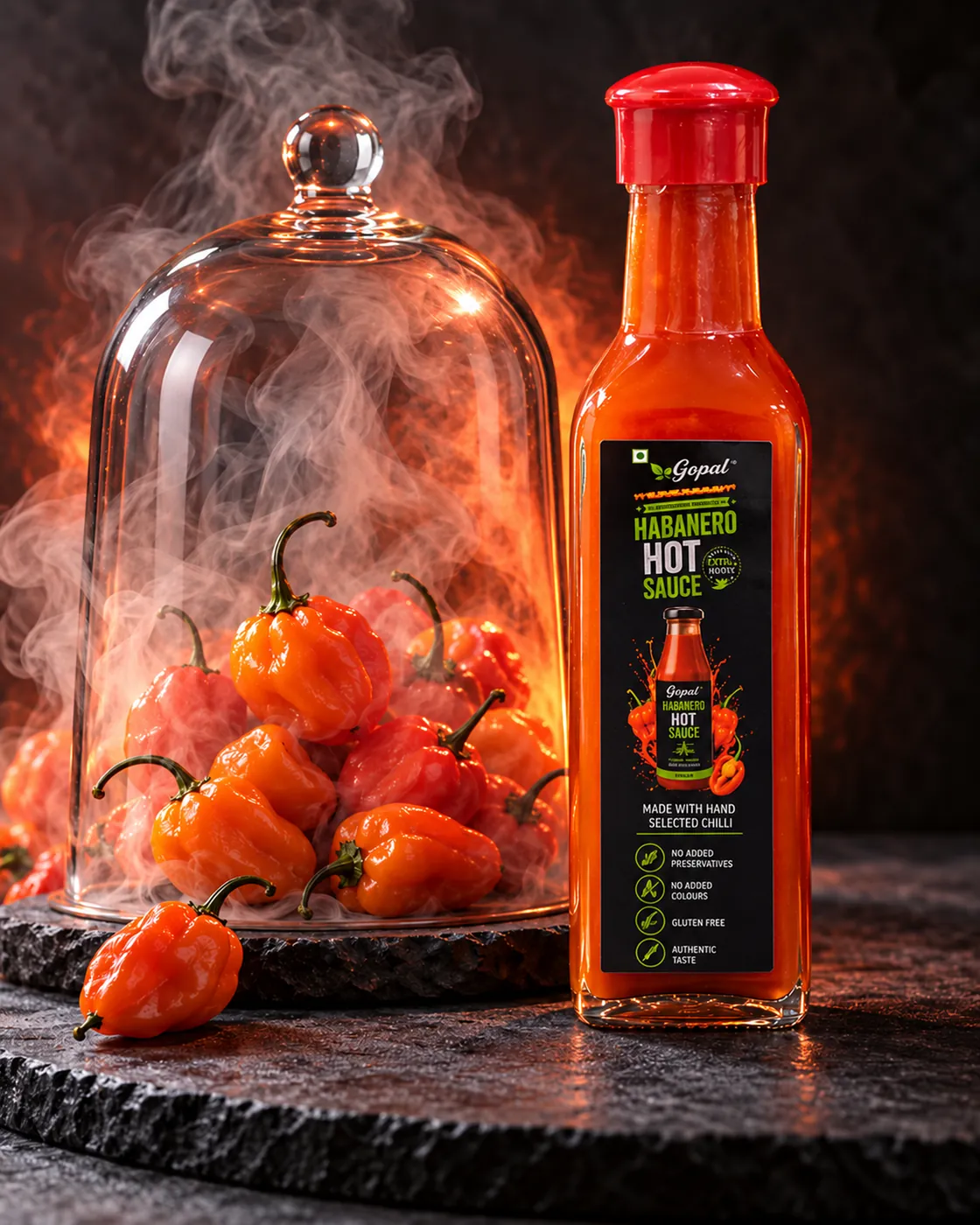 Gopal habanero hot sauce beside smoking habanero peppers