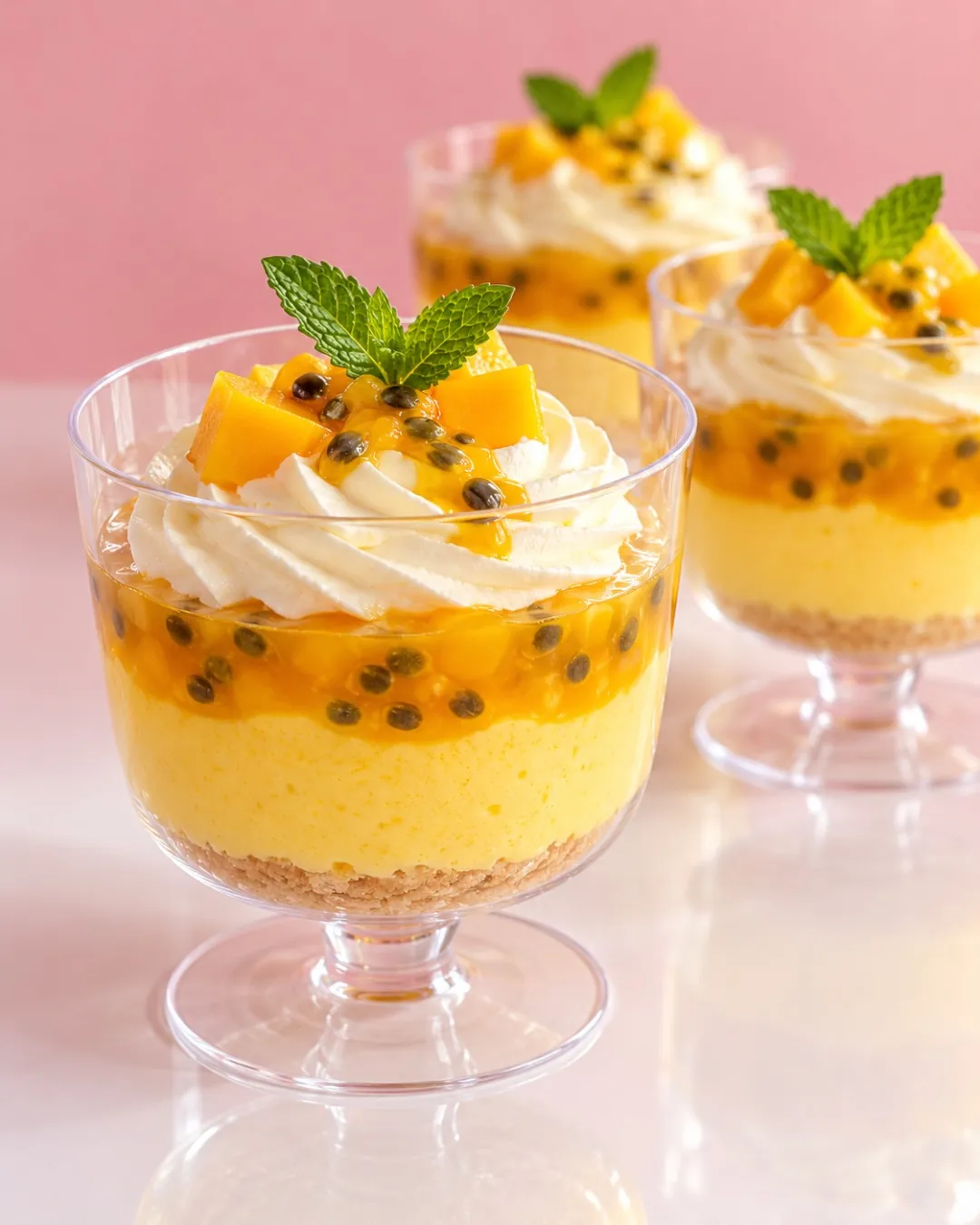 A stemmed clear dessert cup filled with mango mousse