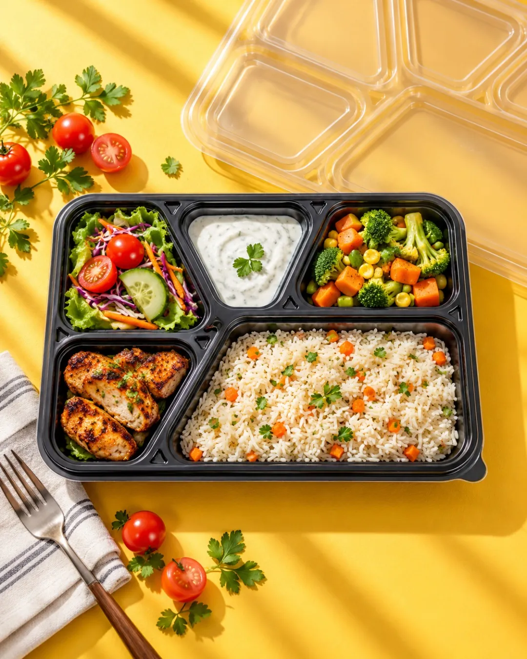A black five-compartment meal tray with a clear lid